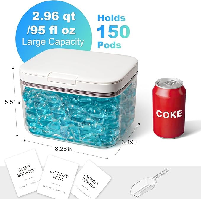 Laundry Pods Container, 1 Pack 2.96 qt. / 95 fl oz Powder Holder Dispenser for Laundry Room Organization Decor, Plastic Pod Beads Detergent Containers for Storage