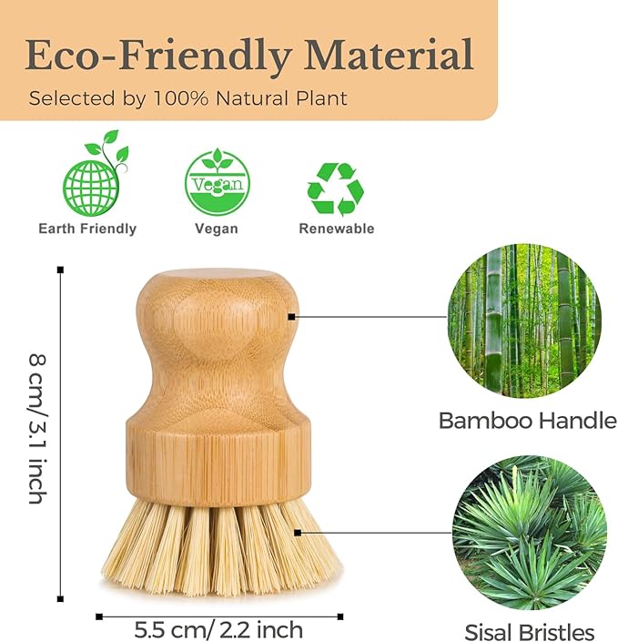 Bamboo Dish Scrub Brush for Kitchen Sink, Natural Wooden Washing Dish Brush Scrubber, Sisal Bristles Brush for Household Cleaning Cast Iron Brush Pots(Ceramic Dish+ 4P Sisal)