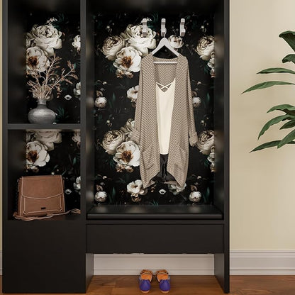 Laatse Dark Wallpapr Peel and Stick Boho Wallpaper 17.5in x 393in Black Floral Contact Paper Waterproof Self Adhesive Vintage Large Floral Wall Paper for Bedroom Walls Cabinet Decor