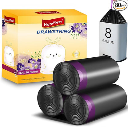8 Gallon Drawstring Trash Bags,80 Count Black