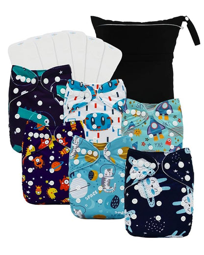 babygoal Boy Cloth Diapers Pack of 13, Baby Reusable Washable Pocket Nappy, 6pcs Diapers+6pcs Rayon from Bamboo Inserts+Wet Bag