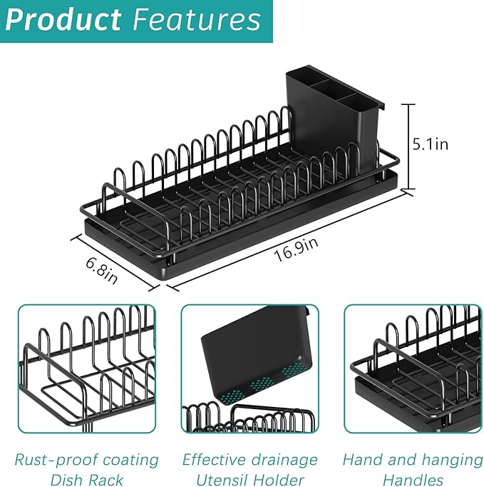 Giwil Small Dish Drying Rack, Compact Dish Rack with Silicone Tray and Caddy, Multifunctional Dish Drainer Sink Drying Rack for Kitchen Counter & Over The Sink, Stainless Stell, Black