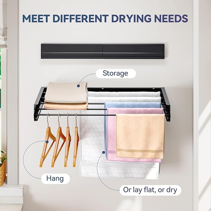 APEXCHASER Wall Mounted Clothes Drying Rack, 32'' Laundry Drying Rack Retractable, Towel Racks for Bathroom Balcony Laundry Room Wall Mount, Foldable Drying Rack for Clothing, Black