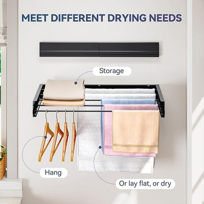 APEXCHASER Wall Mounted Clothes Drying Rack, 32'' Laundry Drying Rack Retractable, Towel Racks for Bathroom Balcony Laundry Room Wall Mount, Foldable Drying Rack for Clothing, Black