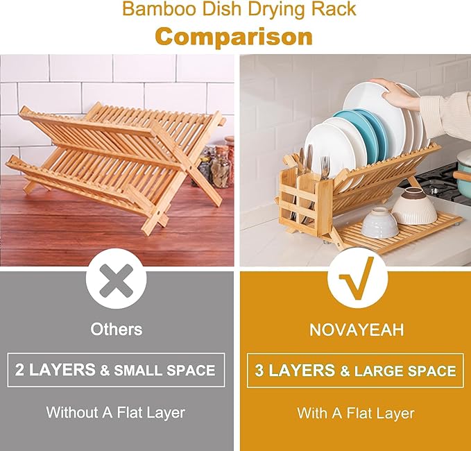 Foldable Bamboo Dish Rack, 3-Tier Wooden Dish Drainer & Utensil Holder for Kitchen - Large Countertop Drying Rack for Dishes and Plates, Natural Compact Storage