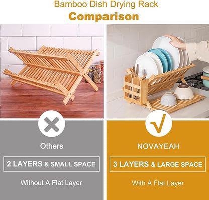 Foldable Bamboo Dish Rack, 3-Tier Wooden Dish Drainer & Utensil Holder for Kitchen - Large Countertop Drying Rack for Dishes and Plates, Natural Compact Storage