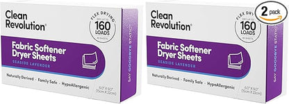 Clean Revolution Natural Fabric Softener Dryer Sheets, 80 Sheets, 160 Loads, Seaside Lavender, Naturally Derived, Sensitive Skin Safe, Made in the USA (Pack of 2)