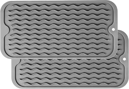 ZLR 2 Pcs Silicone Sponge Holder & Sink Caddy Tray (6" x 12") - Narrow Dish Drying Mat for Kitchen Counter - Waterproof Soap Dispenser Organizer, Non-Slip Bathroom Vanity Tray (Dark Gray)