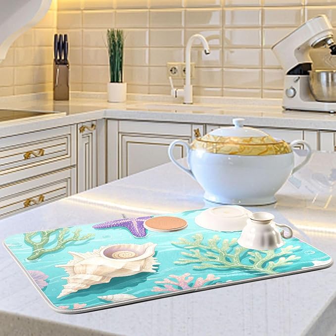 Coral Sea Shells Stars Pattern Dish Drying Mat for Kitchen Counter Super Absorbent Drying Mat 18x24 inch Large Dish Drying Matts for Countertop Protector Dishes Pad