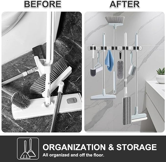HANZENMA Broom Holder Wall Mount, Broom Organizer Wall Mount Stainless Steel Broom and Mop Hanger Heavy Duty Storage Organization for Home Kitchen Garden Garage Room 5 Racks 4 Hooks