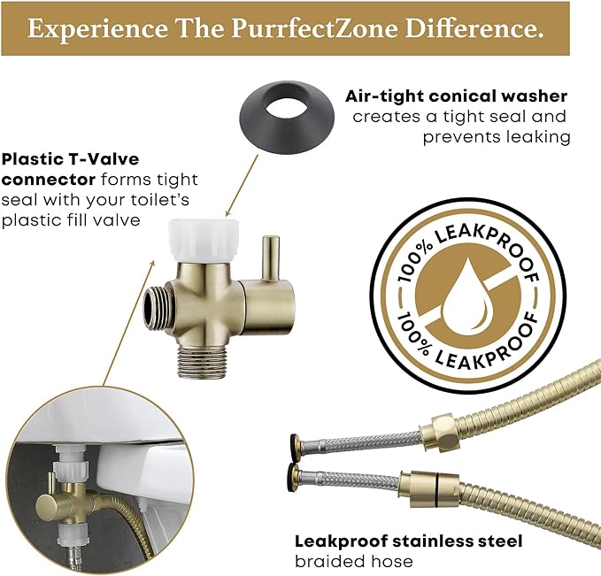 Purrfectzone Bidet Sprayer for Toilet, Bidet Sprayer for Feminine Wash, Premium Stainless Steel Jet Spray for Toilet, Wall-Mounted or Toilet Tank Mounted - Brushed Gold