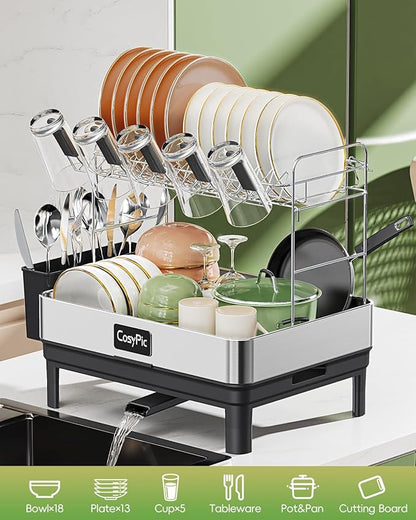 2 Tier Dish Drying Rack, Thicker Premium 304 Stainless Steel Dish Racks for Kitchen Counter, Automatic Drainage Spout, Dish Drainer & Drainboard Set with Utensil Holder and Cup Holder, Black