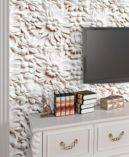 FunStick 17.5"x354" Cream White Peel and Stick Wallpaper Faux 3D Embossed Floral Wallpaper Self Adhesive Wallpapers for Bedroom Living Room Wall Panels White Floral Contact Paper for Walls Cabinets