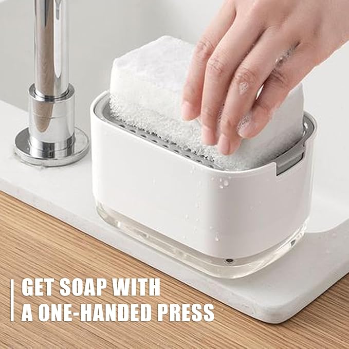 Dish Soap Dispenser and Sponge Support, Sink Soap Pump Dispenser, Liquid Soap Dispenser, Kitchen Detergent Press Box, Suitable for Kitchens, Bathrooms and Sinks (White)