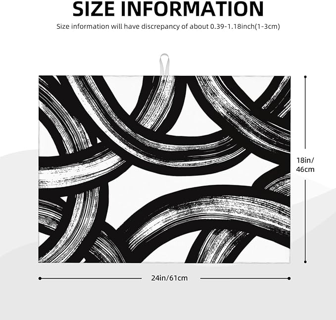 Black and White Abstract Curved Dish Drying Mats, 18" x 24" Absorbent Microfiber Modern Drying Pad for Kitchen Counter, Washable Reversible Foldable for Dishes, Sink, Utensils, Home Decor, Black