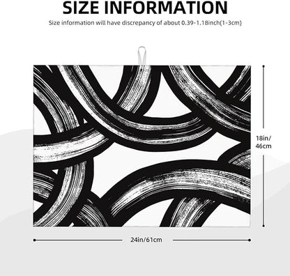 Black and White Abstract Curved Dish Drying Mats, 18" x 24" Absorbent Microfiber Modern Drying Pad for Kitchen Counter, Washable Reversible Foldable for Dishes, Sink, Utensils, Home Decor, Black
