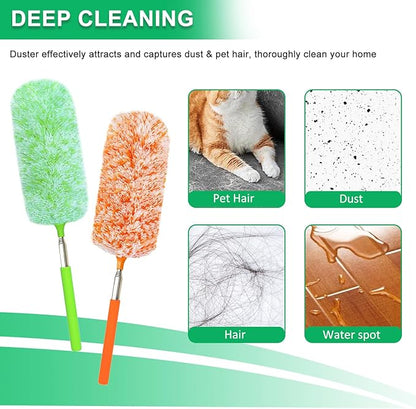 2 Pack Extendable Microfiber Feather Duster, Electrostatic Microfiber Head, Up to 30 Inch Extension Pole, Car Duster, Telescoping Feather Dusters for Cleaning