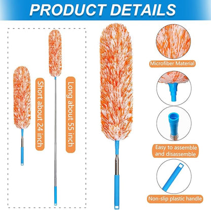 4 Pack Microfiber Feather Dusters, Up to 55 Inch Extension Pole, Cobweb Cleaner, Electrostatic Bendable Head,Telescoping Feather Dusters for Wall, Ceiling Fan, Celling, Car, Furniture