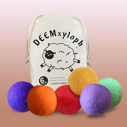 Solid Color Wool Dryer Balls 6-Pack,Hypoallergenic Softener Alternative, Assorted Pure Hues, All-Season Performance Cut Drying Time & Static for Organic Cotton