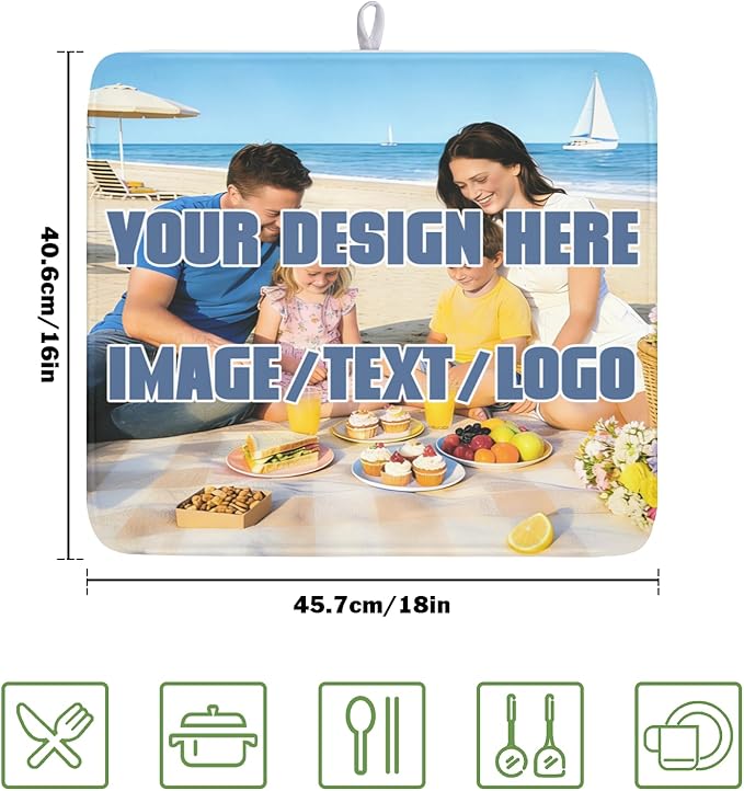Custom Dish Drying Mat for Kitchen Counter Design Your Photo Text Business Logo 16 x 18 Inch Dish Drainer Mat Absorbent Microfiber for Coffee Bar Kitchen Dining Counter Decor