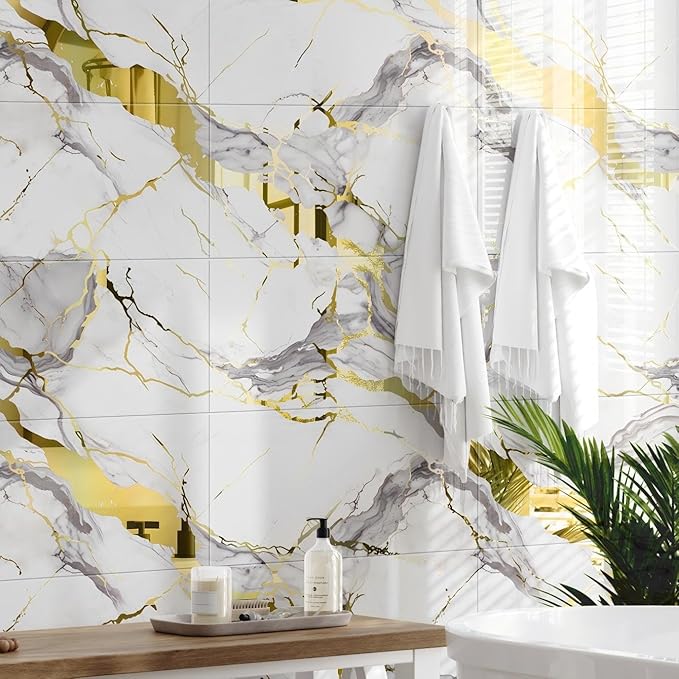 10pcs Thick Marble Peel and Stick Waterproof Wall Panels,Heat-Resistant Backsplash Tile, 23.6"x11.8" PVC Foam Wall Sticker for Kitchen,Living Rooms,TV Walls,White and Gold (Not Real Tile 19.4Sq. Ft.)