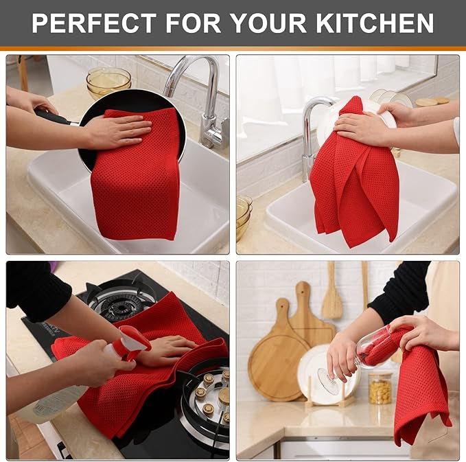 Kitinjoy 100% Cotton Waffle Weave Kitchen Hand Towels (13 X 28 Inches, Red), 6-Pack Super Soft and Absorbent Dish Towel for Drying Dishes