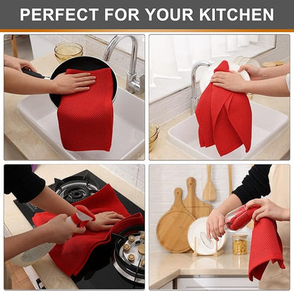 Kitinjoy 100% Cotton Waffle Weave Kitchen Hand Towels (13 X 28 Inches, Red), 6-Pack Super Soft and Absorbent Dish Towel for Drying Dishes