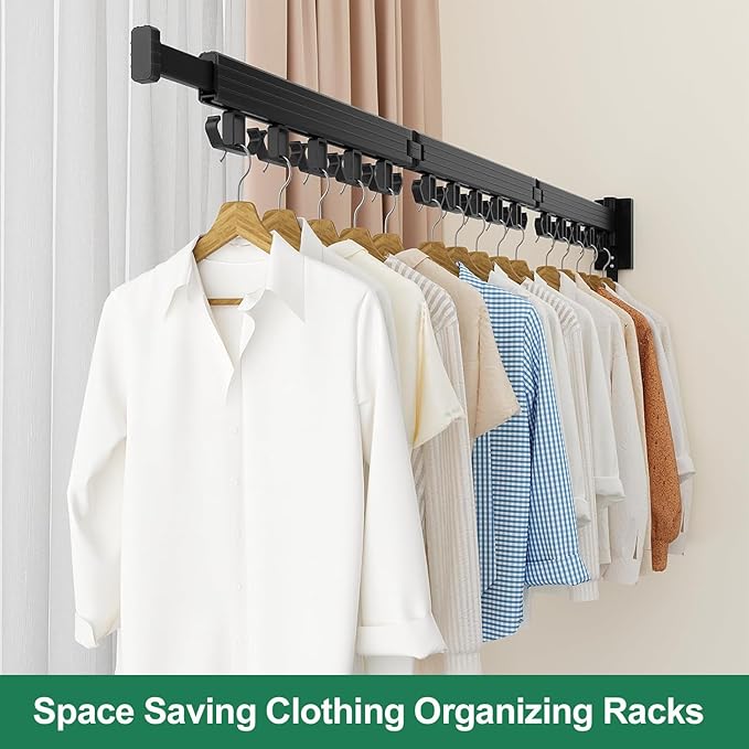 Kelisiting Wall Mount Clothes Drying Rack, Wall Mounted Drying Rack, Upgraded 3-Fold & Sturdy Laundry Drying Rack with 12 Dual-Side Hooks Space Saver for Laundry Room, Apartment, Dorms - Black