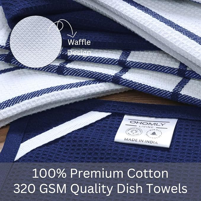 Assorted Waffle Kitchen Towels 100% Cotton Set of 6 - Heavy Duty 320 GSM Quality Dish Cloths Towel - Soft Absorbent Washable for Kitchen Use - Quick Drying Dish Towel 16x26 inch Blue