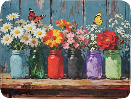 Spring Summer Floral Dish Drying Mat for Kitchen Counter 18x24 Woodgrain Colorful Flower Butterfly Seasonal Absorbent Reversible Microfiber Drying Mats Kitchen Countertop Protector Dishes Drainer Pad