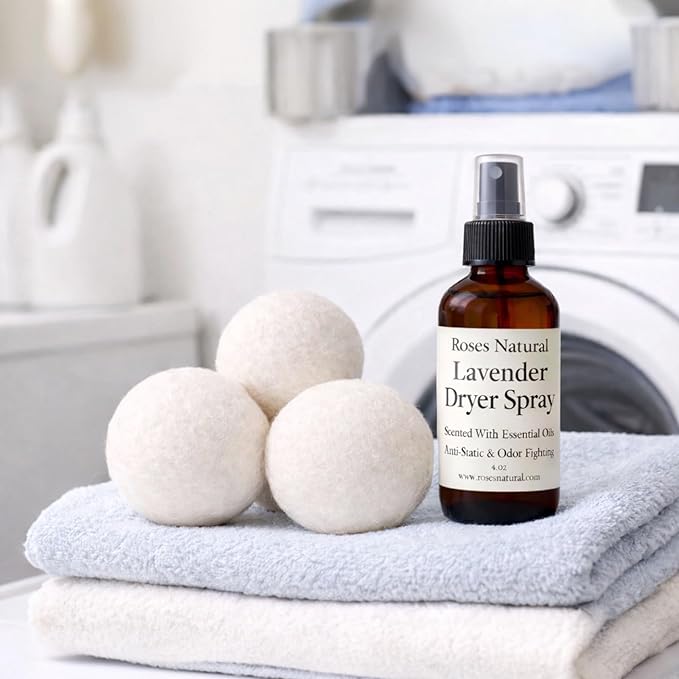 Wool Dryer Balls & Dryer Spray Bundle – 3 Reusable Dryer Balls + Plant-Based Essential Oil Dryer Spray, Natural Fabric Freshener, Anti-Static & Odor Fighting (Lavender)