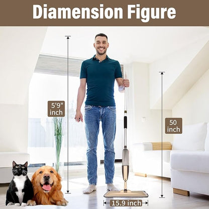 Mops for Floor Cleaning, 50 inch Spray Mop with 400ml Refillable Bottle and 2 Replacement Pads Dry Wet FloorCleaning Household or Commercial Use for Hardwood Laminate Tile Ceramic (Brown)