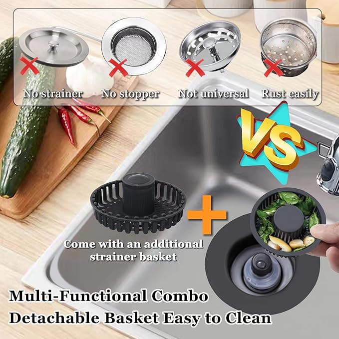 BAOLSLS 3 in 1 Kitchen Sink Stopper, Pop Up Kitchen Sink Drain Strainer, with an Extra Basket Strainer, Kitchen Sink Drain Stopper for US Standard 3-1/2 Inch, Brass Material Electroplate Black