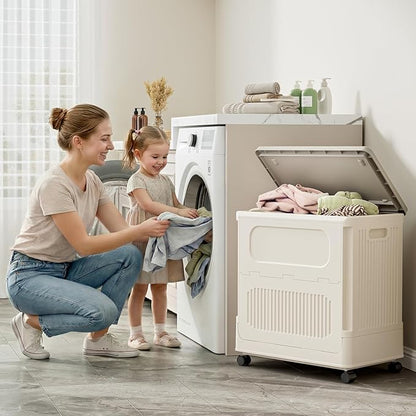 HAIXIN HOME Slim Rolling Laundry Hamper with Lid, 60L Foldable Plastic Laundry Basket on Wheels with Handle, Dirty Clothes Hamper Cart for Narrow Spaces, Bedroom, Bathroom, Closet, Dorm, Under Table