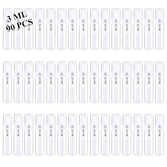 Mini Spray Bottle 90PCS 3ML Clear Plastic Empty Sample Containers Fine Mist Perfume Travel Refillable Spray Bottle Perfume Atomizer Small Travel Size Spray Bottle for Cleaning, Essential Oils