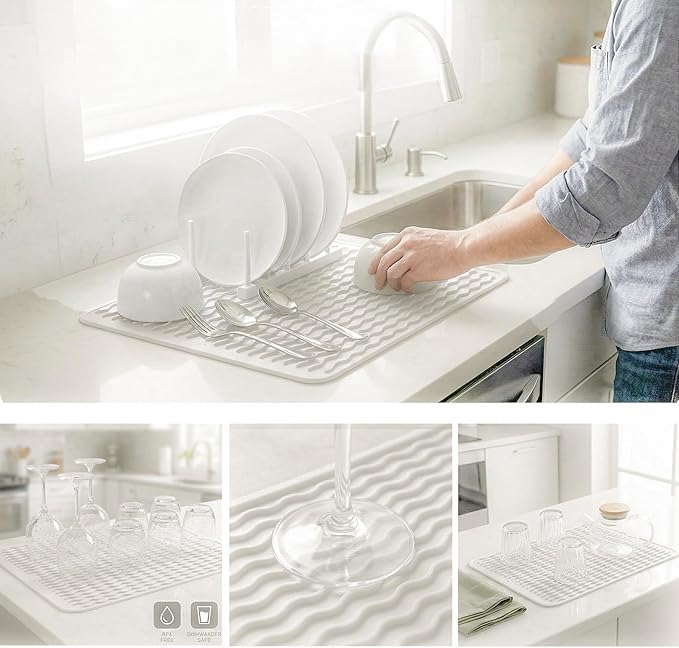 MicoYang Silicone Dish Drying Mat for Multiple Usage,Easy clean,Eco-friendly,Heat-resistant Silicone Mat for Kitchen Counter or Sink,Refrigerator or drawer liner White L 16 inches x 12 inches