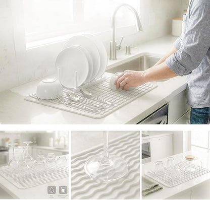 MicoYang Silicone Dish Drying Mat for Multiple Usage,Easy clean,Eco-friendly,Heat-resistant Silicone Mat for Kitchen Counter or Sink,Refrigerator or drawer liner White L 16 inches x 12 inches