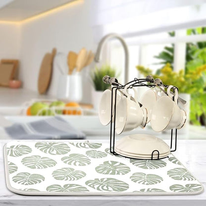 Green Palm Monstera Leaves Dish Drying Mat for Kitchen Counter Absorbent Microfiber Drying Pad, Large 18x24 in