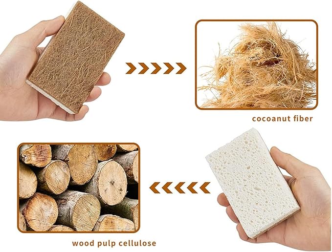 12 Pack Natural Cellulose Biodegradable Sponges, Non Scratch Kitchen Cleaning Sponge, Eco Friendly Coconut Fiber and Wood Cellulose Scrubber Sponge, Household Cleaning Sponges for Kitchen Dishwashing
