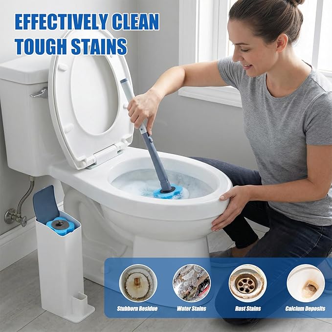 Disposable Toilet Brush with 16 Refills,2 Toilet Wand Brush Cleaning Kit,Wall Mounted Toilet Bowl Cleaner Kit with Holder for Bathroom Deep Cleaning & Hygiene- Blue & White-2 Pack