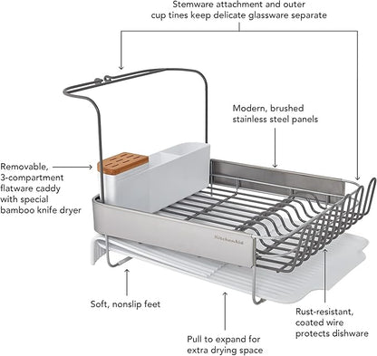 KitchenAid Full Size Compact to Full Capactiy Expandable Rust Resistant Dish Rack, with Self Draining Angled Drainboard and Removable Flatware Caddy, 24-Inch, White