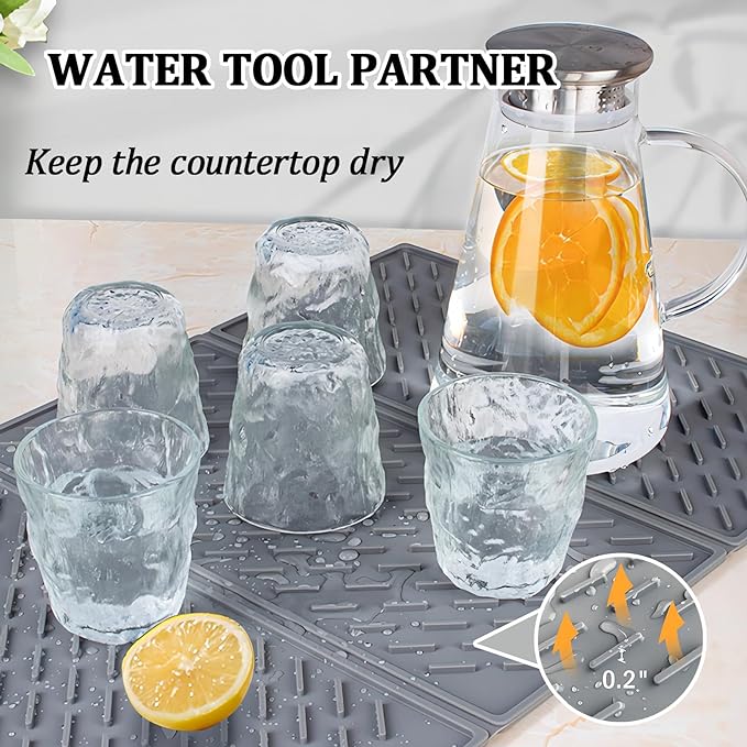 Collapsible Dish Drying Mat, Silicone Drying Mat for Kitchen Counter, Dish Drying Pad with Hook, 24x16in Non-Slip Silicone Dish Drying Mat, Easy to Clean (Translucent)