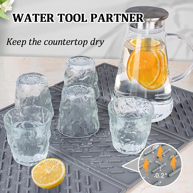 Silicone Dish Drying Mat for Kitchen Counter, Collapsible Trifold Large Dish Drainer Mat, Drying Mat with Hook, 24x16In Non-Slip Silicone Sink Mat, Easy to Clean
