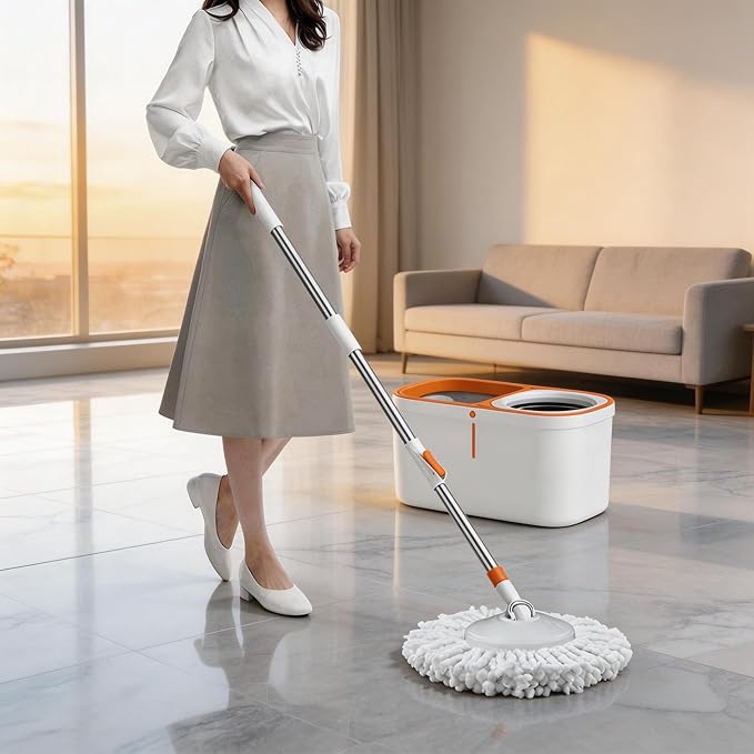 Spin Mop Bucket with Wringer System Extended Mop Handle 61＂Mop and Bucket for Floors Cleaning with 5 Replacement Head Refill 1 Cleaning Brush Head