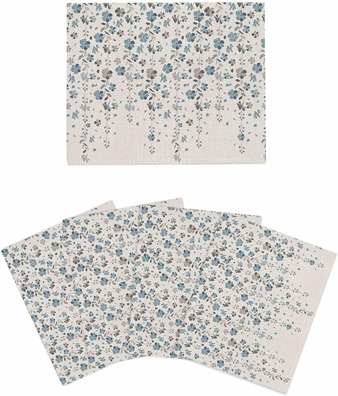 4 Pack Flower Blue Kitchen Dish Cloths, Grey Cherry Blossoms Cotton Linen Background Dishcloths for Kitchen, Reusable Paper Towels, Super Absorbent Quick Drying Washcloths Cleaning Wipes, 8x7 inch