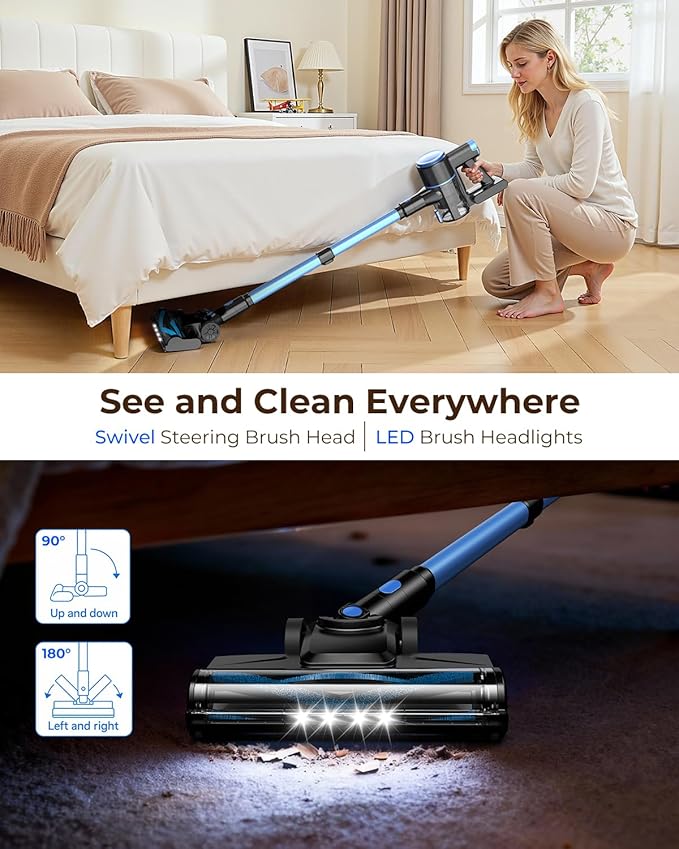 N8 Cordless Vacuum Cleaner,Lightweight Stick Vacuum with Powerful Suction,2200mAh Battery,40 Mins Runtime,Self-Standing,Rechargeable Vacuum Cleaners for Home Hardwood Floor Carpet Pet Hair (Ocean)