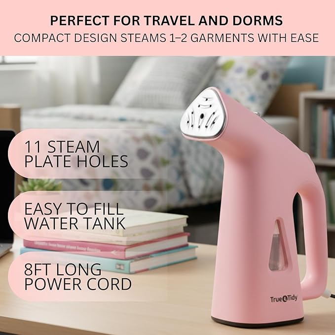 True & Tidy Compact Handheld Garment Steamer for Clothes, Travel Steamer with Stainless Steel Nozzle, 800 watts, Pink