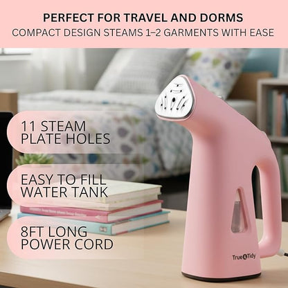 True & Tidy Compact Handheld Garment Steamer for Clothes, Travel Steamer with Stainless Steel Nozzle, 800 watts, Pink