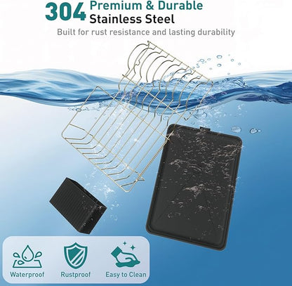 Buruis Dish Drying Rack for Kitchen Countertop, Large Capacity Gold Stainless Steel Dish Drainer with Anti-Slip Rubber Feet, Removable Drain Board and Utensil Holder (Black Tray)