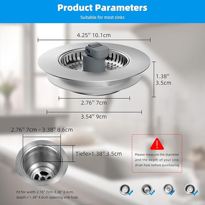 Hibbent 3 in 1 Kitchen Sink Drain Strainer, Stainless Steel Drain Stopper Combo, Pop Up Sink Stopper, Anti-Clogging Metal Basket Strainer with Handle for US Standard 3-1/2" Drain